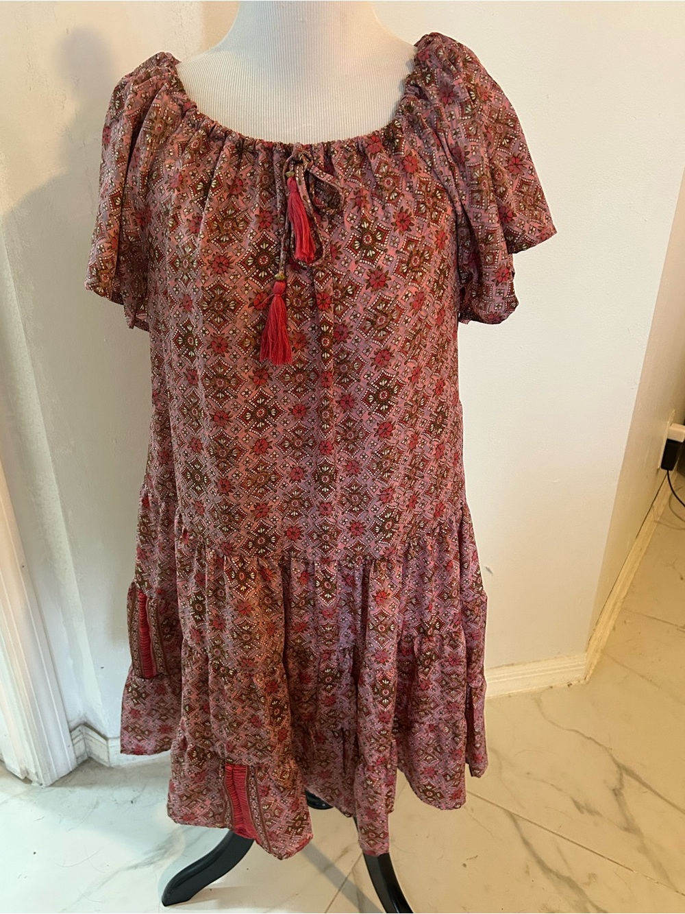 Paani Bohemian Paisley Print Mini Dress Babydoll Tiered Boho Pink Brown S - Picture 7 of 7